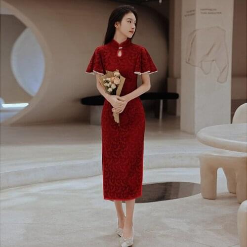 Bride Vintage Improved Chinese Style Sexy High Split Cheongsam Elegant Short Sleeve Burgundy Lace Qipao Toast Clothing