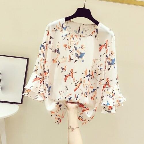 Floral Chiffon Women Blouse Summer New 2021 O-Neck Flare Sleeved Loose Elegant Office Lady Pulls Tops Outwear