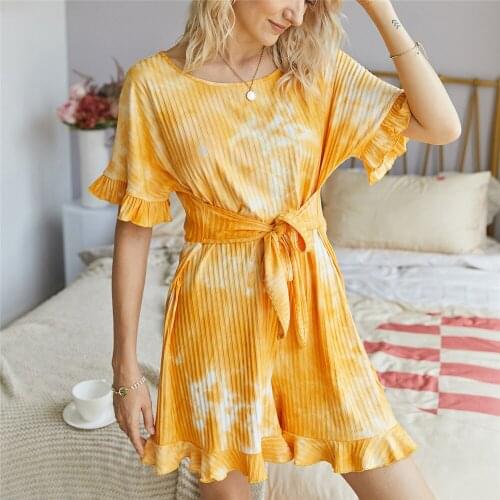 Womens home clothes bodysuits ruffles edge sexy off shoulder straight shorts fashion tie-dye print o-neck rompers looses ladies