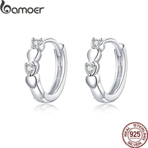 Bamoer Genuine 925 Sterling Silver Minimalist Heart Hoop Earrings for Women Wedding Statement Jewelry New Mode SCE777