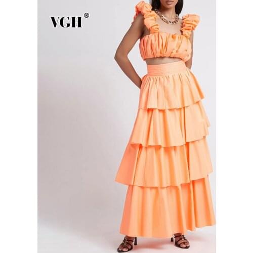 VGH Casual Solid Two Piece Set For Women Square Collar Sleeveless Ruffle Top High Waist Ruched A Line Maxi Skirt Sets Females
