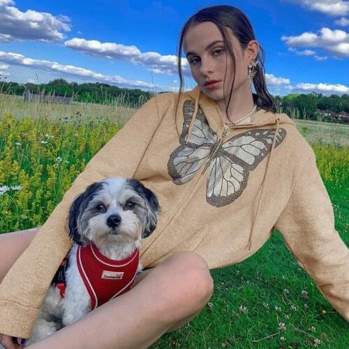 2021 Fashion Pullover Coat Butterfly Printed Hoodie Zipper Long Sleeve Jacket with Pocket for Female