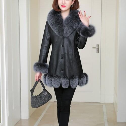 2021 Winter Womens Coat Genuine Natural Double Face Leather And Fur Jacket Fox Fur Collar Genuine Rabbit Skin Fur Outerwear
