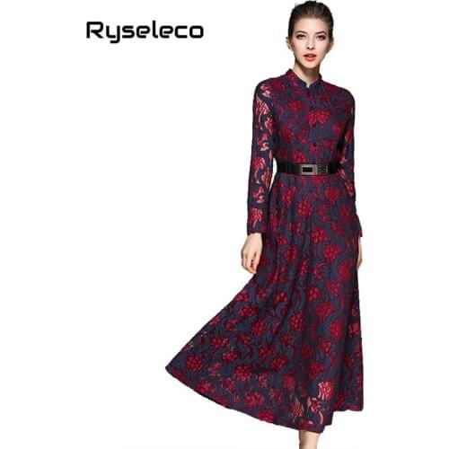 Women Autumn Winter Lace Dress Hook Flower Hollow Out Long Sleeve Vestido Elegant Work Casual Slim Vintage Party Maxi Dresses