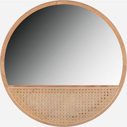 Zq INS Solid Wood Rattan round Mirror Vintage Bathroom Mirror Dressing Table Makeup Mirror Bed & Breakfast Hanging Wall Mirror