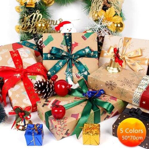 1PC Retro Kraft Paper Christmas Gift Wrapping Paper Tree Snowflake Holiday Xmas Packing Decor Gift Boxes Packaging