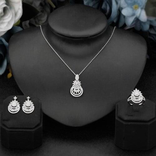 Cubic Zircon 3pcs Bridal Jewelry Sets Lobster Clip Necklace Ring Earring For Dubai Women Wedding Party AccessoriesNew Design