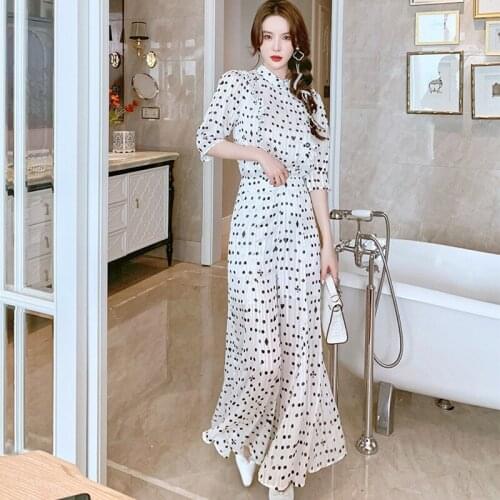 Vintage Puff Sleeve Top Women Elegant OL Dot Print Loose Wide Leg Pants Casual Single-Breasted Button Shirt Blouse 2 Pieces Set