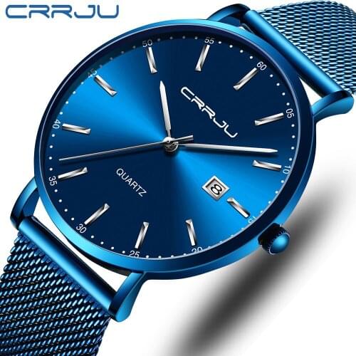 CRRJU Simple Design Quartz Watch Men Casual Steel Wrist Watches Slim Fashion Blue Clock Male Relogio Masculino 2019