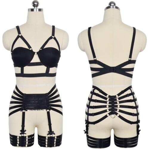 Elastic Full Body Bondage Harness Fetish Black Cage Bra Adjustable Strap Crop Top Garter Night Party Underwear Harness Set N0068