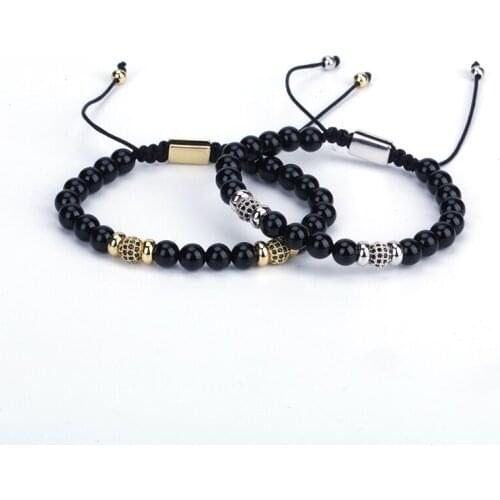 Hot Sale 10pcs Natural Round Pure Black Onyx Agat Gem Stone Strand Space Beads Bracelets Cool Summer Women Hand Fashion Jewelry