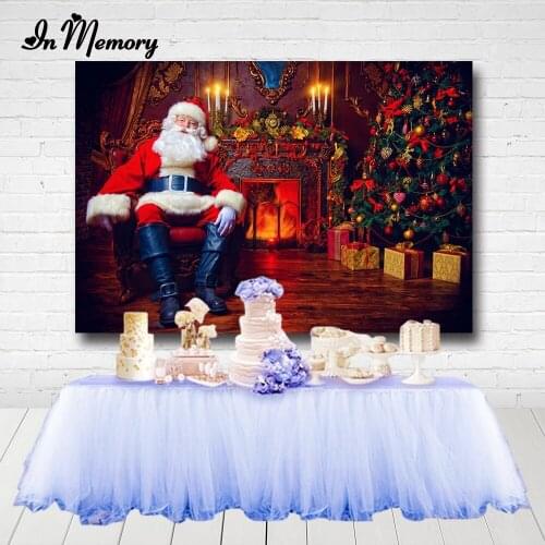 InMemory Christmas Backdrops For Photography Santa Claus Sitting In A Chair Fireplace Tree Gift Backgrounds Customized Photocall