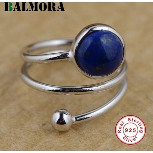 BALMORA 100% Real 925 Sterling Silver Resizable Rings for Women Lover Party Gifts Retro Lapis Lazuli Jewelry Bijoux TRS21251