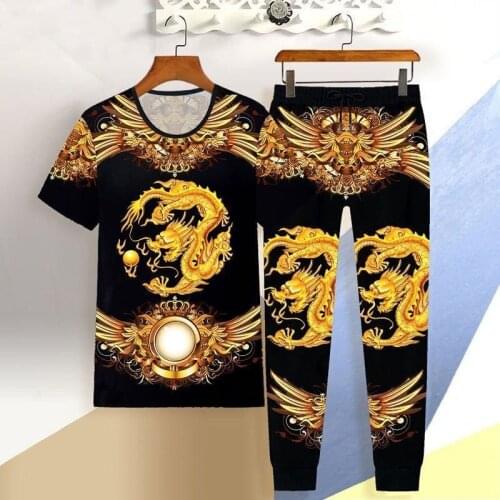 Mens summer short-sleeved T-shirt + trousers 2-piece suit 3D Chinese dragon casual sportswear trend printing loose top suit