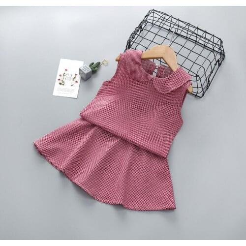 Fashion Girls Suit 2021 Summer Cute Child Chiffon Sleeveless Doll Collar Top + Plaid Skirt 2 Pcs Outfits 2-6 Years Kids Clothing