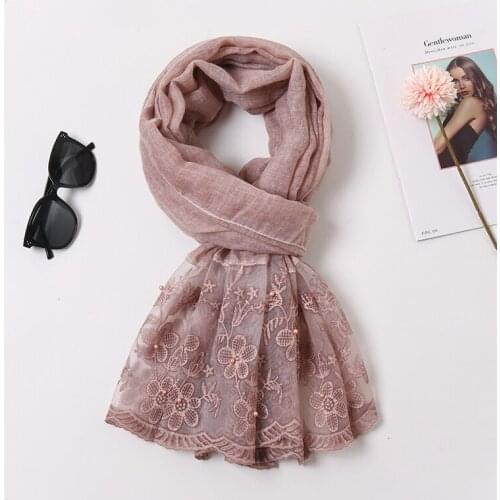 New Arrival Plain Tie-dyed Cotton Scarf Lace Embroidered Scarves Muslim Women Hijab Autumn Oversize Shawl Female Cotton Hijab