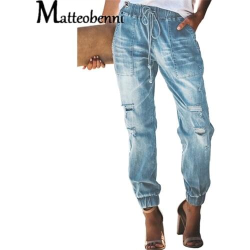 Blue Ripped Lace Up Jeans For Women 2021 Street Style Sexy High Waist Distressed Trouser Stretch Skinny Hole Denim Pencil Pants