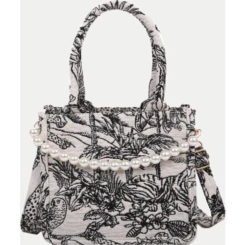 New Arrival Women Shoulder Bags Casual Canvas Crossbody Messenger Bag Small Printed Handbag Purse Pearls Chains Tote