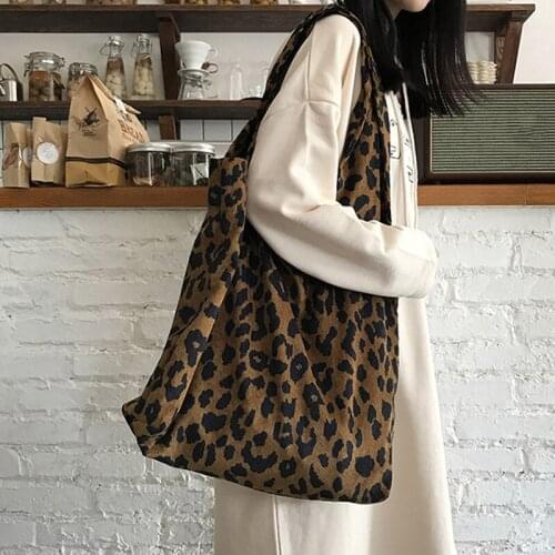 Corduroy Leopard Print Bag Ladies Shoulder Casual Tote Shopping Bag Large capacity Handbags Totes Women