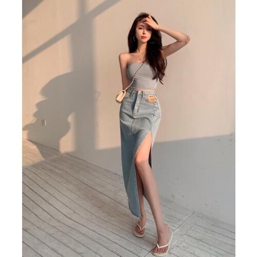 Side slit denim skirt female high waist a-line mid-length bag hip skirt all-match loose Saia midi jupe femme