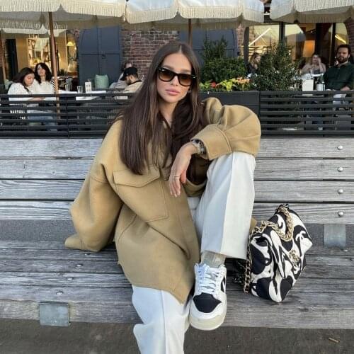 2021 Za Womens Spring and Autumn Fashion Large Brown Tweed Jacket Womens Fashion Pocket Lapel Coat Girls' Casual Street Coat