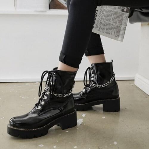 PXELENA Women Punk Boots Metal Chain Chunky Block High Heel Rock Goth Motorcycle Boots 2019 Winter Shoes Plus Size 34-43