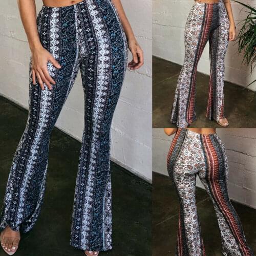 Summer Vintage Print Flare Pants Women High Waist Full Length Pants Trousers Casual Pantalones Streetwear Femme