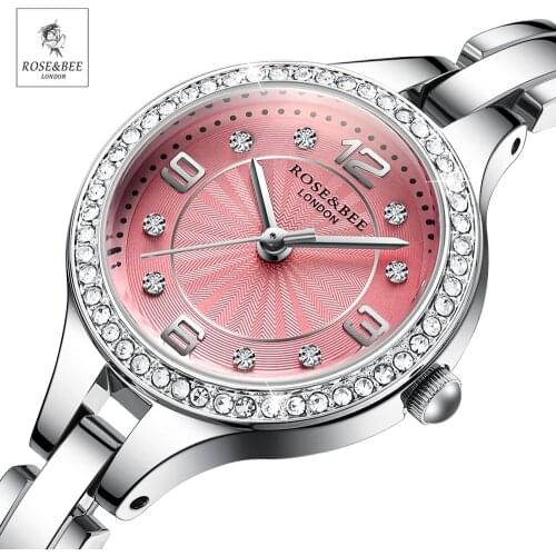 Rose&Bee Women‘s’ Rhinestones Wristwatches Silver Pink Japan Quartz Ladies Waterproof Diamonds Stainless Steel Watches for Women