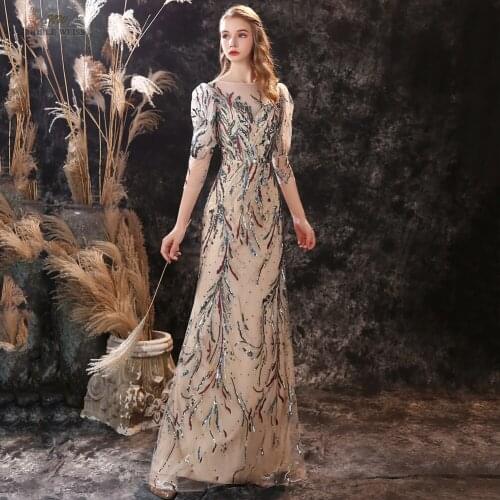 Short Sleeves Prom Dresses Floor Length O-Neck Floral Lace Evening Gowns Party Women Elegant Dresses Woman Party Night