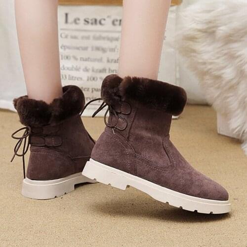 2021 Winter Womens Keep Warm Cotton Ankle Boots Short Plush Solid Color Flock Back Lace Up Footwear Ladies Casual Vintage Shoes