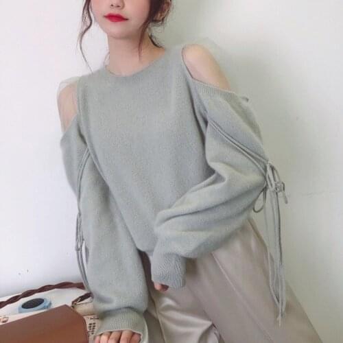 Sexy Shoulder Strapless Long Lantern Sleeve Knit Sweater Women O Neck Solid Bandage Femme Pullover 2021 Spring All-Match Tops