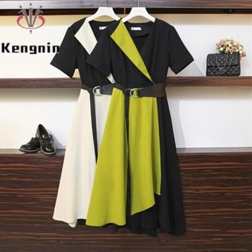 2021 Summer Dress Women Oversized Notched Patchwork Color Ladies Vestidos Dress Asymmetrical Sashes Womans Dresses KE1266