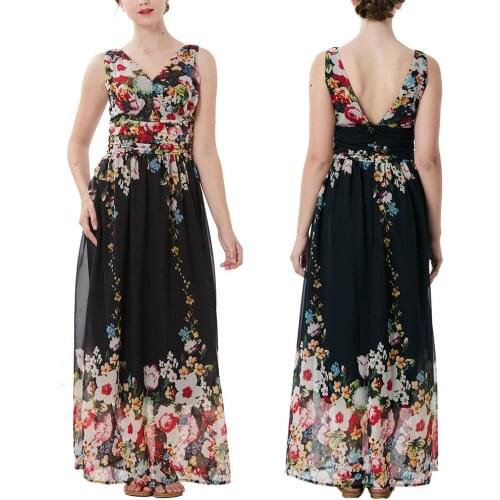 Dress S-3XL Women Sleeveless V Neck Large Hem Waist Tight Backless Floral Print Long Dress length vestidos summer dresses