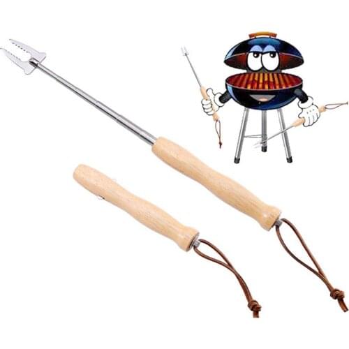 1PC BBQ Forks Stick Camping Campfire Accessories Hot Dog Roasting Fork Retractable Barbecue Fork with Gourd Shaped Wooden Handle