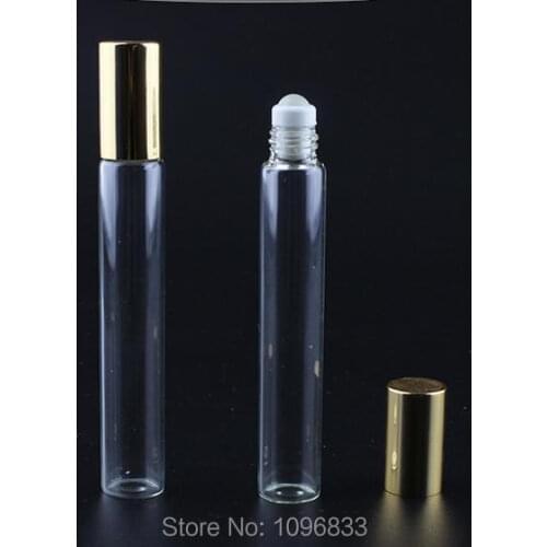10ML 10CC Glass Parfum Roll on Bottles, Essential Oil Ball Bottle, Perfume Packing Bottle, Empty Glass Vials Gold Cap, 50pcs/Lot