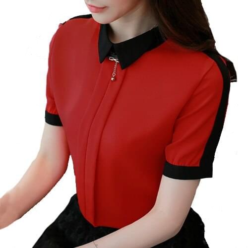 2019 manga Curta Nova camisa da senhora Do preto e branco cor Magro Mulheres camisa Blusa Chiffon