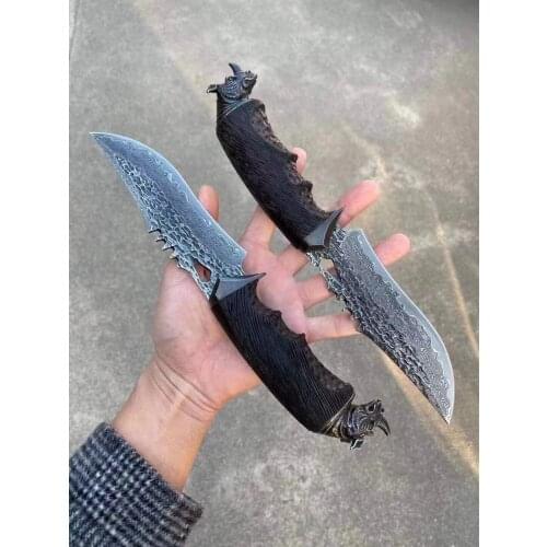 60-62 HRC Damascus VG10 steel Ebony and Black Rhinoceros steel head handle Straight Knife Hunting Knife Self-defense Tools
