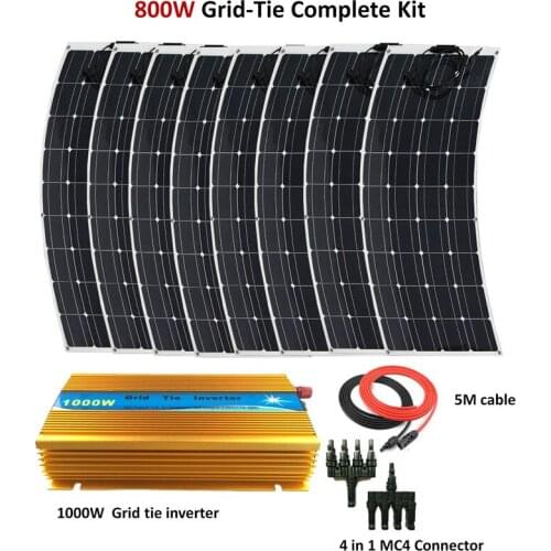 8pcs 100W Flexible Solar Panel Module with 1000W inverter 800W Grid tie System solar panel home system kit