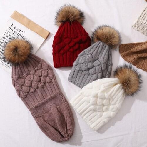 CNTANG Women Wool Hat Fashion Ripple Style Beanies For Women Winter Warm Knitted Hats Raccoon Fur Pompom Double layer Lining Cap