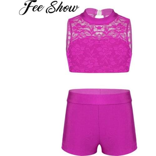 FEESHOW 6-14 Years Kids Girls Dance Tankini Outfit Lace Athletic Floral Tank Top with Bottoms Set for Ballerina Dance Costume