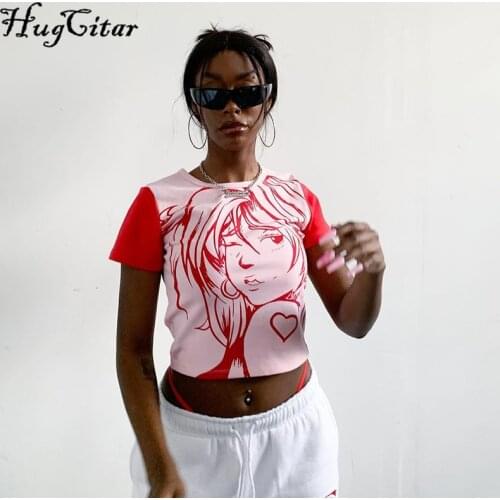 Hugcitar 2021 O-Neck Short Sleeve Letter Cartoon Print Short Tshirt Summer Women Fashion Streetwear Casual Tees Y2K