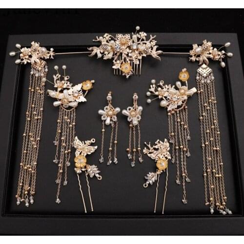 JaneVini 2019 Gold Bridal Hair Pins Chinese Style Spinki Pearl Crystal Indian Head Jewelry Goldfish Bridal Hair Sticks Comb Set