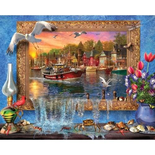 JMINE Div 5D Country House Ship River Dove Flower Seagull Full Diamond Painting kits art Scenic 3D paint by diamonds