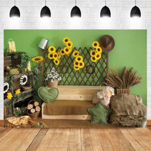 Laeacco Autumn Sunflowers Rural Farm Simple Decor Chair Child Baby Photozone Photographic Background Photo Backdrop Photo Studio