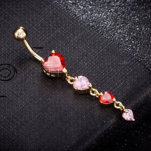 Fashion Gold Color Navel Piercing Zirconia Crystal love chian bead Belly Button Rings Surgical Sexy Body Jewelry Stainless Steel