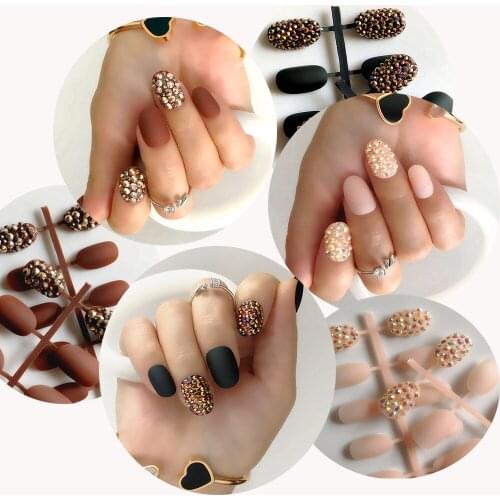 3D Matte matte short oval Brown apricot Fake Nails Gradeint Natrual Press on Daily Office Finger Wear UV False Nails