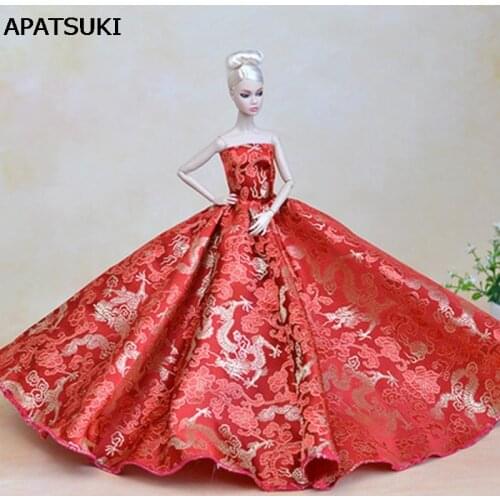 Chinese Red Dragon Formal Wedding Dress For Barbie Dolls Party Dress Vestido Gown For 1/6 Dolls Clothes