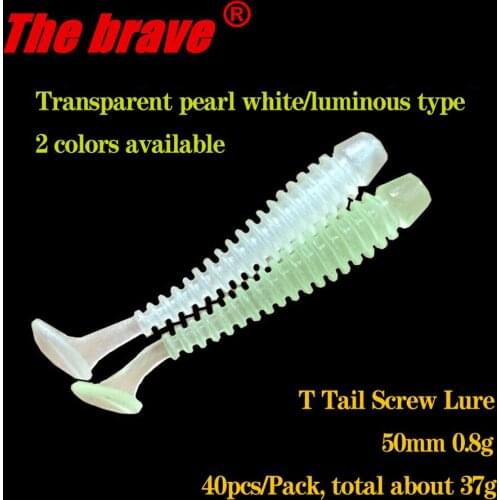 Lure Killer Fishing Soft Bait 5cm 0.8g Spiral T Tail Silicone Artificial Worms Lure Saltwater Paddle Tail Swimbaits, 40pcs/Lot