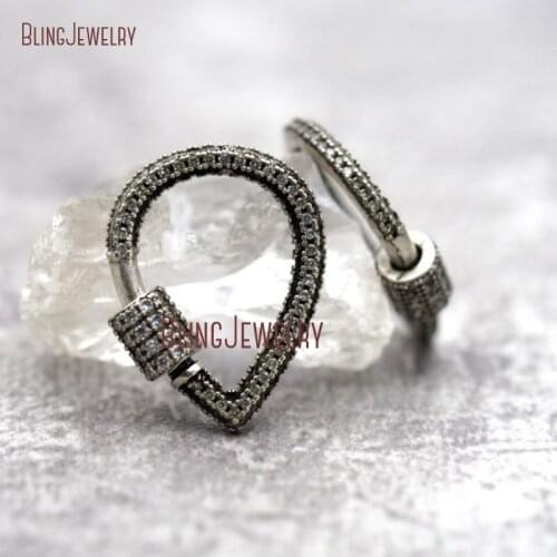 Rose Gold Silver Stoned DropLock Zircon Micro Paved Teardrop Screw Clasp Charmholder 18mmx24mm FC29267