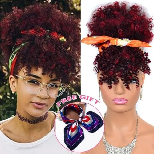 Synthetic Bun With Bangs Clip In Ponytails Afro Kinky Culry Drawstring and Combs Net Short Bun Ponytail Clip In Hair Extensons
